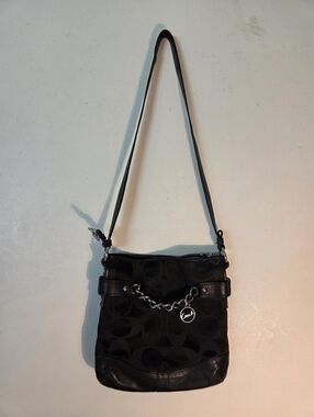 Used Coach Black Signature Canvas Crossbody with Silver Chain Charm